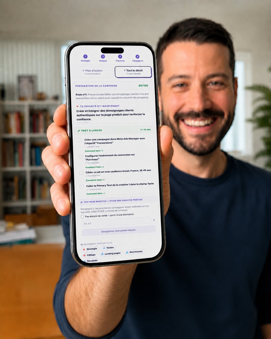 Un client Swydea montre le brief de campagne généré sur son téléphone